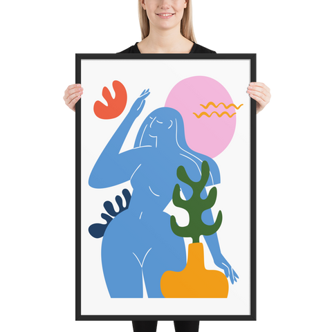 Blue Venus – Pop Surreal Matisse Remix framed poster featuring a blue figure under a pink sun with orange and green accents.